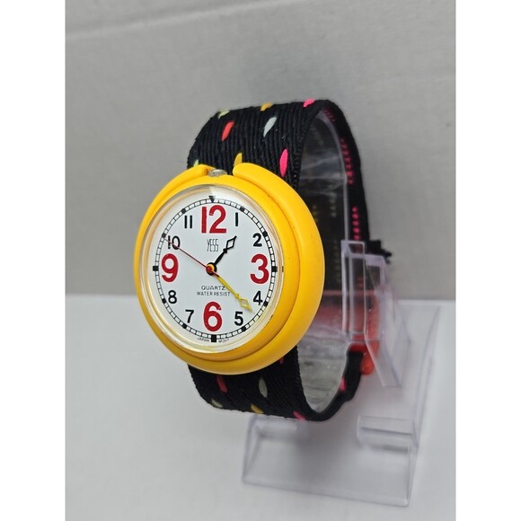 Vintage Retro Yess Yellow Watch New Battery Red Numbers Polka Dot Strap Funky